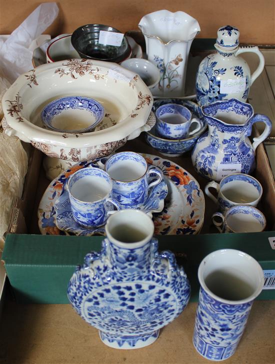 Chinese Moonflask, Masons Willow pattern jug, beaker, 5 coffee cans - 2 inscribed Wedgwood and 5 other blue and white items